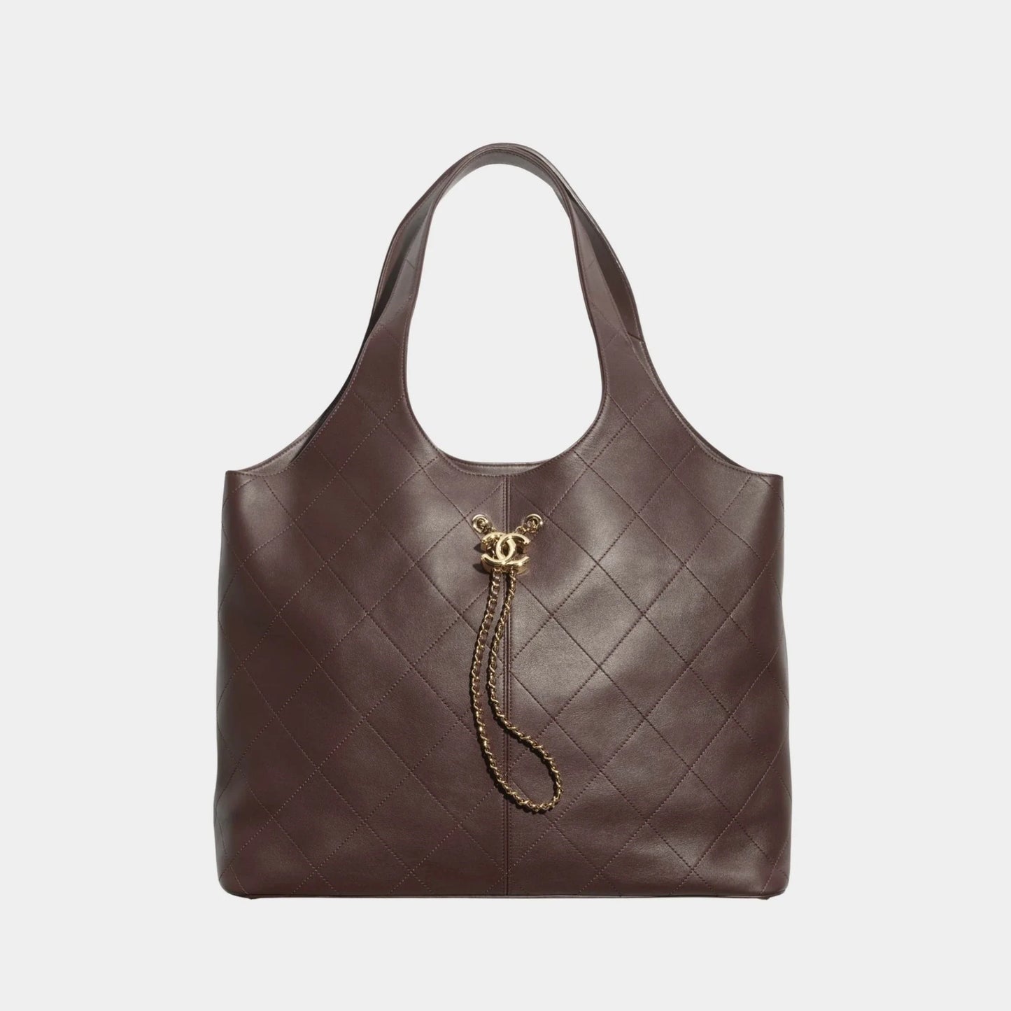 Maxi Shopping Bag Calfskin & Gold Tone Metal Dark Brown, Front 