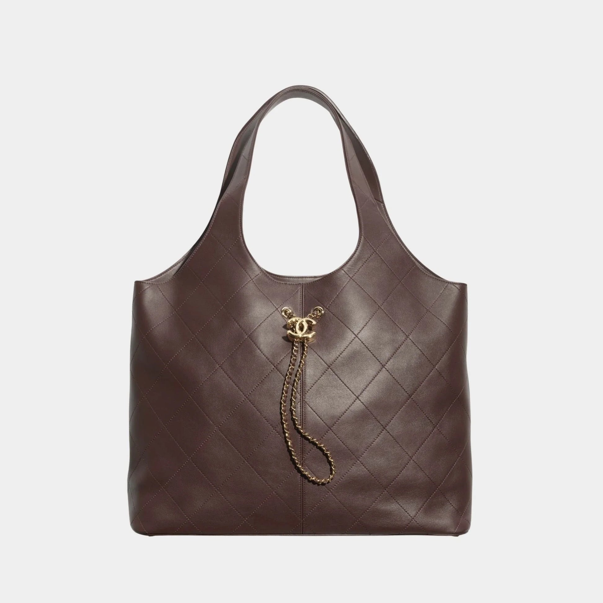 Maxi Shopping Bag Calfskin & Gold Tone Metal Dark Brown, Front 