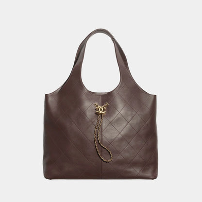 Maxi Shopping Bag Calfskin & Gold Tone Metal Dark Brown, Front 