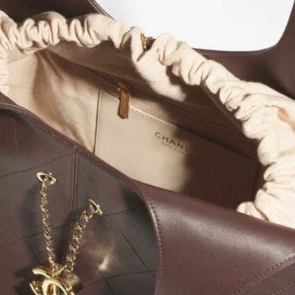 Maxi Shopping Bag Calfskin & Gold Tone Metal Dark Brown