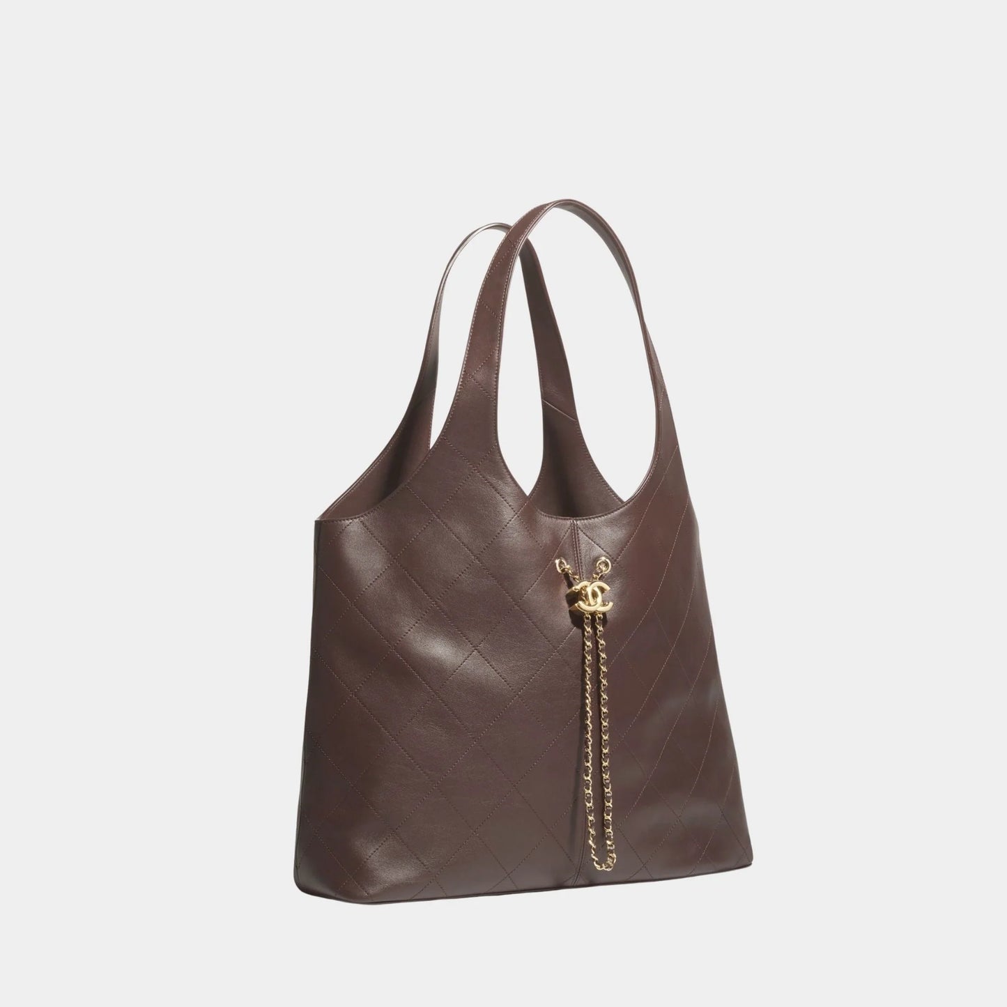 Maxi Shopping Bag Calfskin & Gold Tone Metal Dark Brown