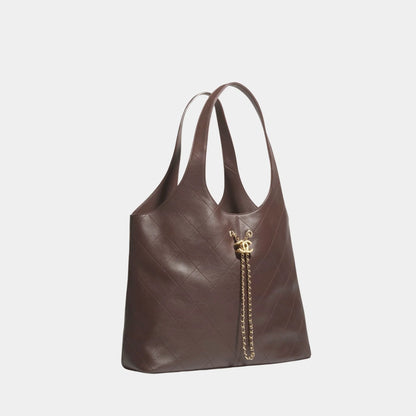 Maxi Shopping Bag Calfskin & Gold Tone Metal Dark Brown