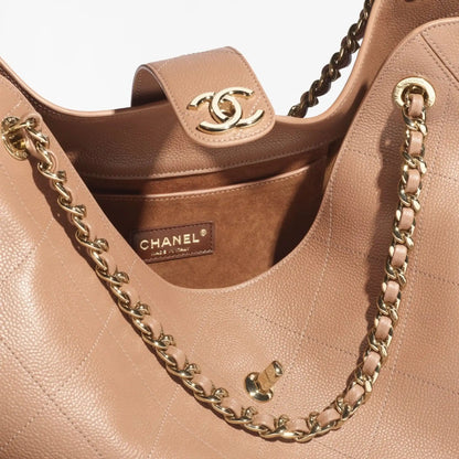 Maxi Shopping Bag Grained Calfskin & Gold Tone Metal Brown