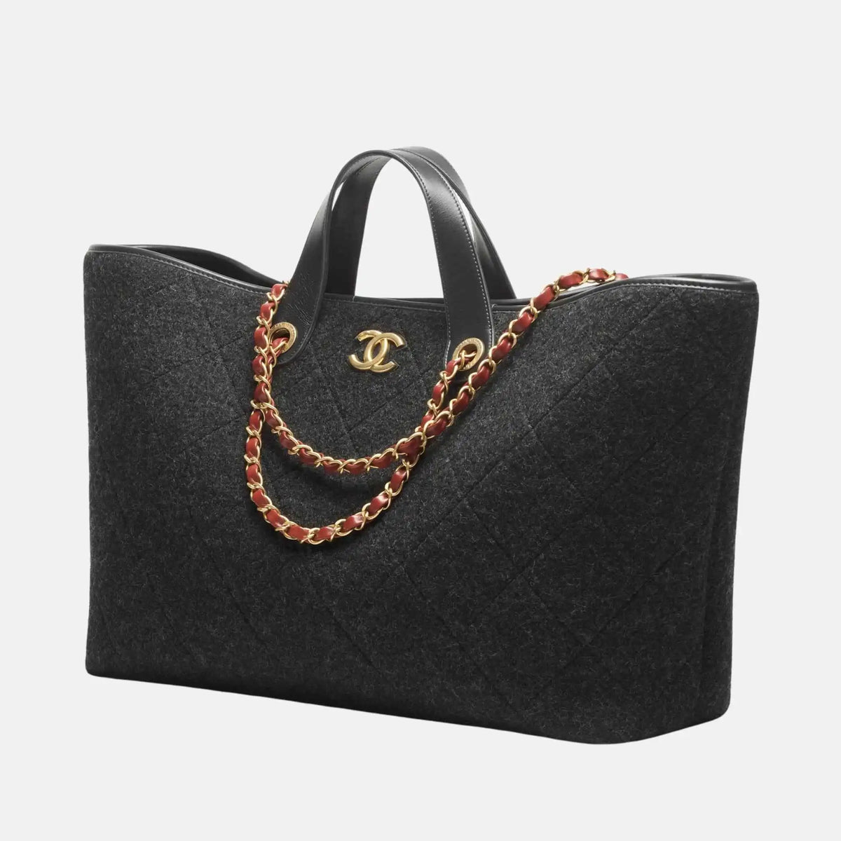 Chanel Maxi Shopping Bag Wool Dark Grey Gold Tone Metal, Front