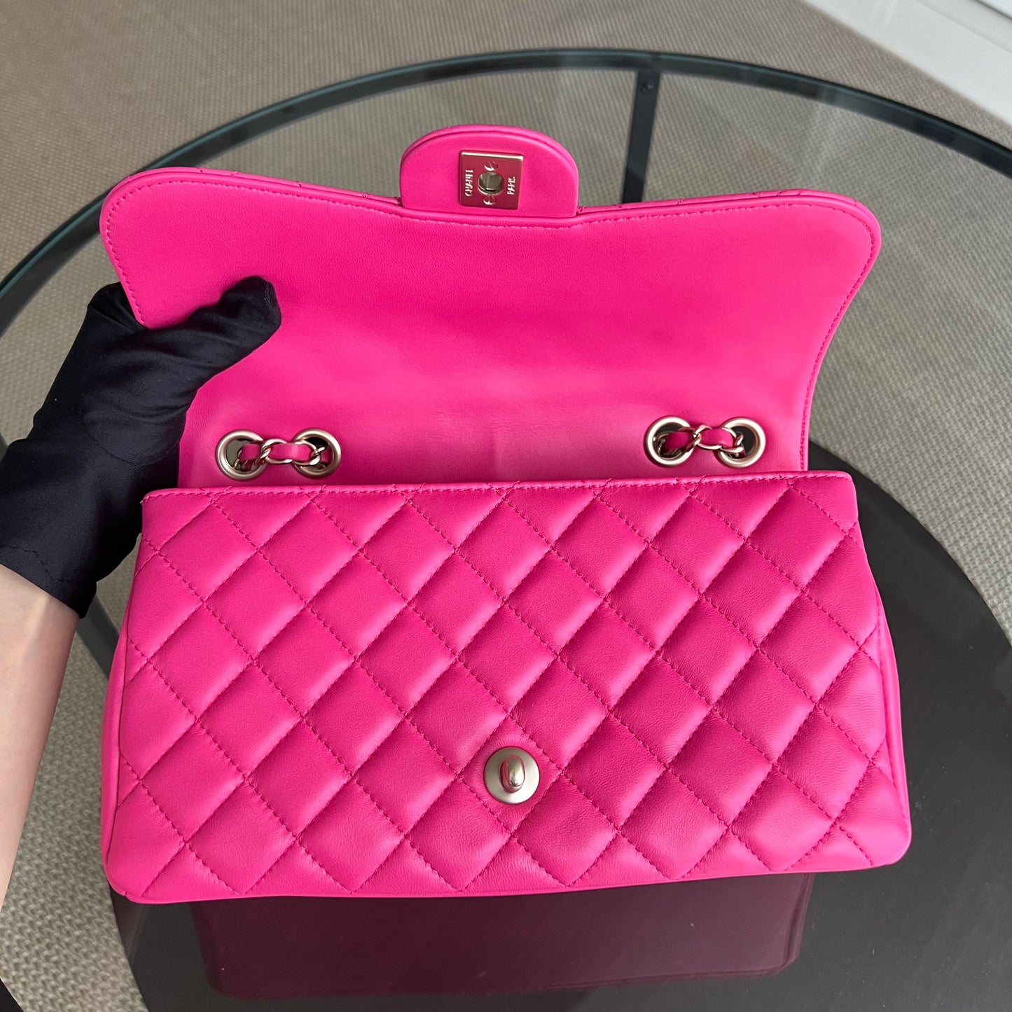 Chic Flap Mademoiselle Classic Flap 25CM Quilted Lambskin Hot Pink Golden Hardware Series 21