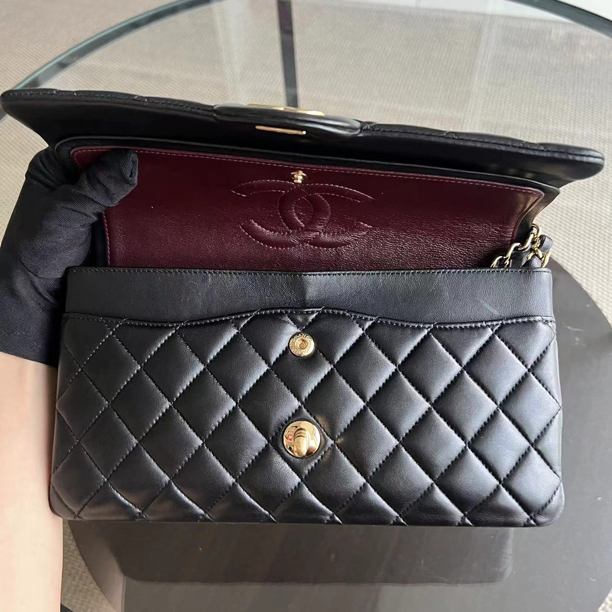 Double Flap 25CM Quilted Lambskin Black Golden Hardware Series 23