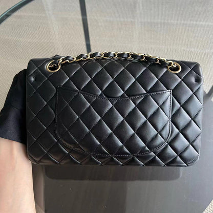 Double Flap 25CM Quilted Lambskin Black Golden Hardware Series 23
