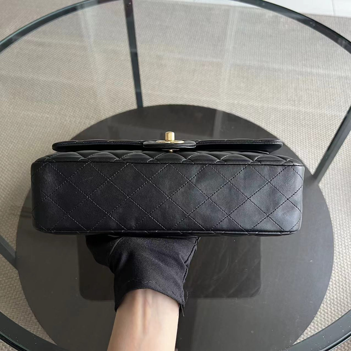 Double Flap 25CM Quilted Lambskin Black Golden Hardware Series 23