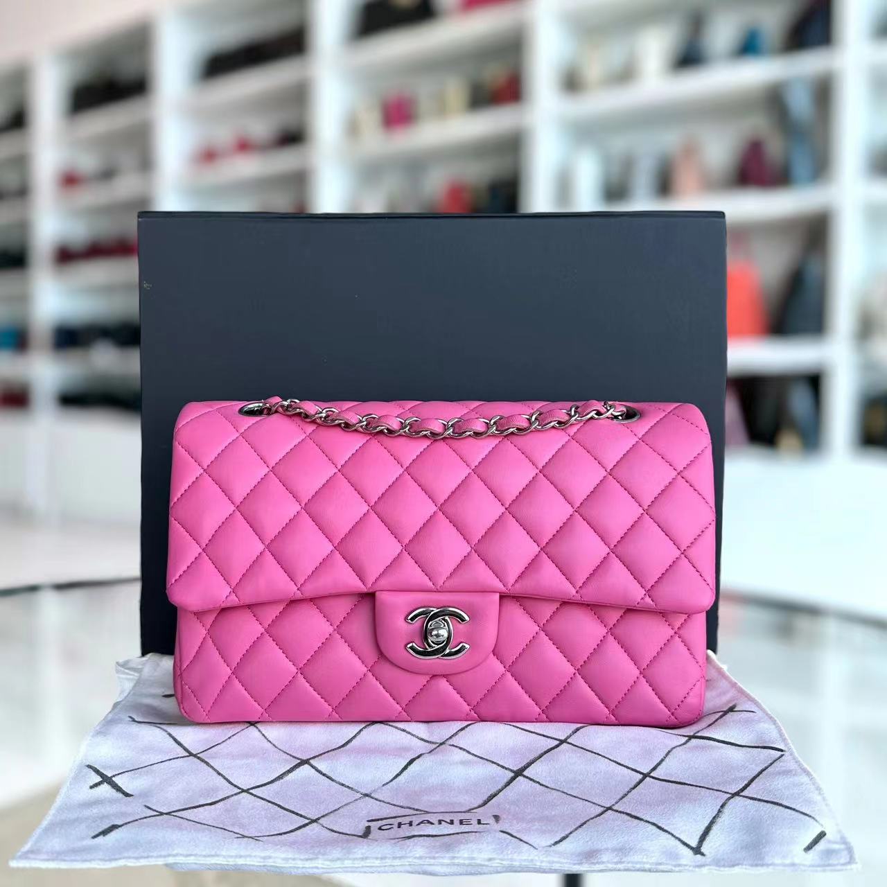 Double Flap 25CM Quilted Lambskin Pink SHW No 27