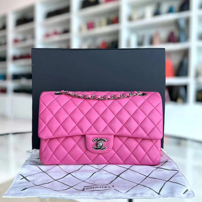 Double Flap 25CM Quilted Lambskin Pink SHW No 27