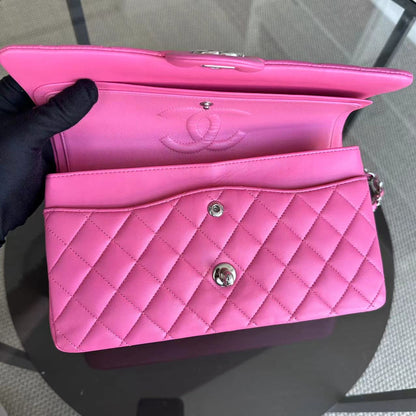 Double Flap 25CM Quilted Lambskin Pink SHW No 27