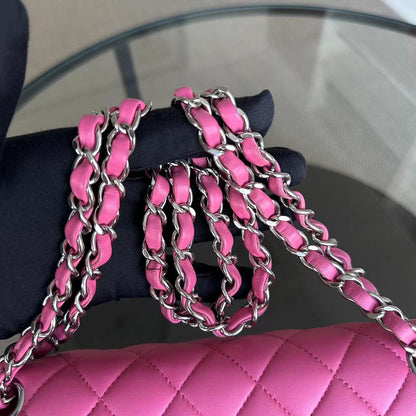 Double Flap 25CM Quilted Lambskin Pink SHW No 27