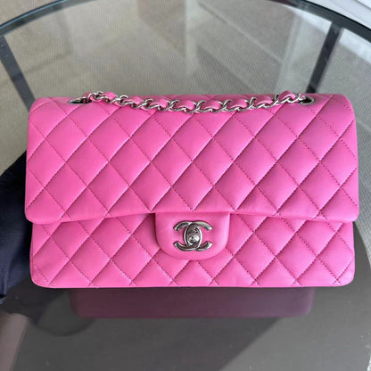 Double Flap 25CM Quilted Lambskin Pink SHW No 27