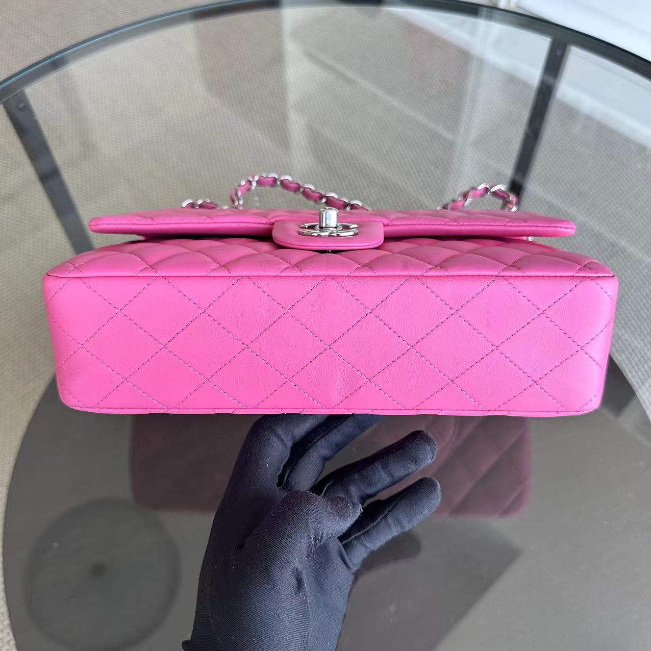 Double Flap 25CM Quilted Lambskin Pink SHW No 27