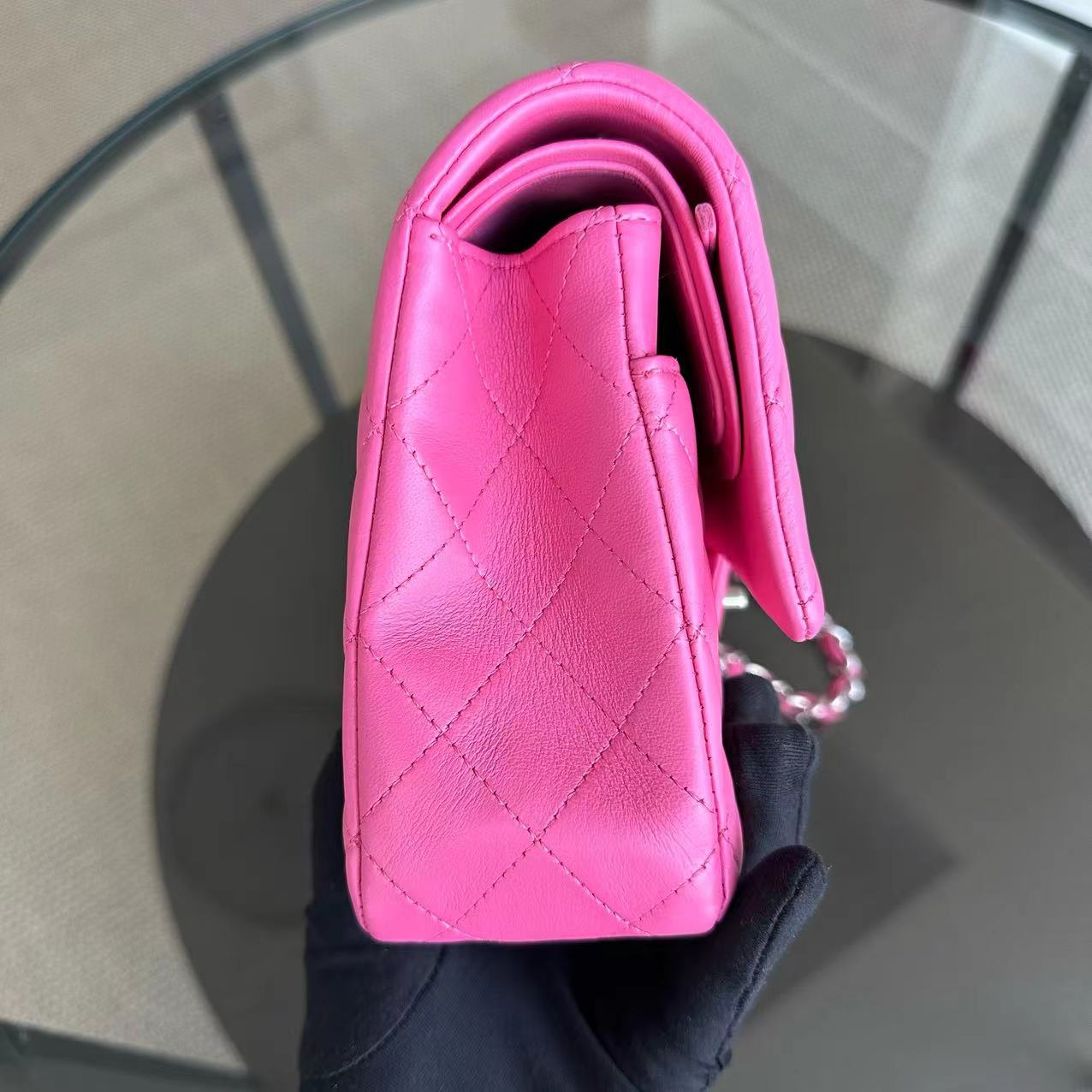 Double Flap 25CM Quilted Lambskin Pink SHW No 27