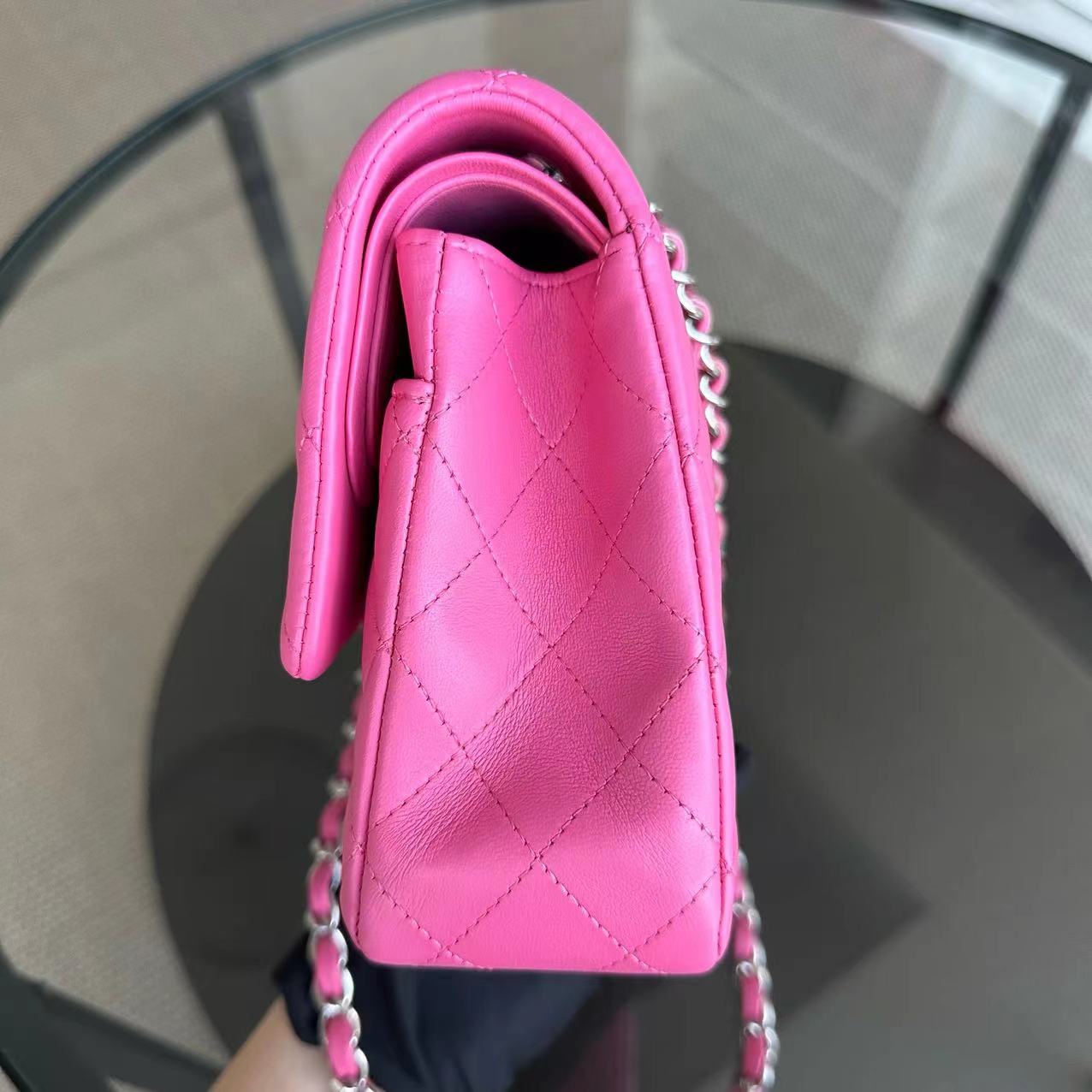 Double Flap 25CM Quilted Lambskin Pink SHW No 27