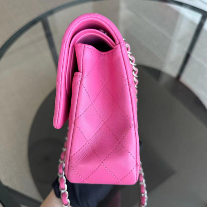 Double Flap 25CM Quilted Lambskin Pink SHW No 27