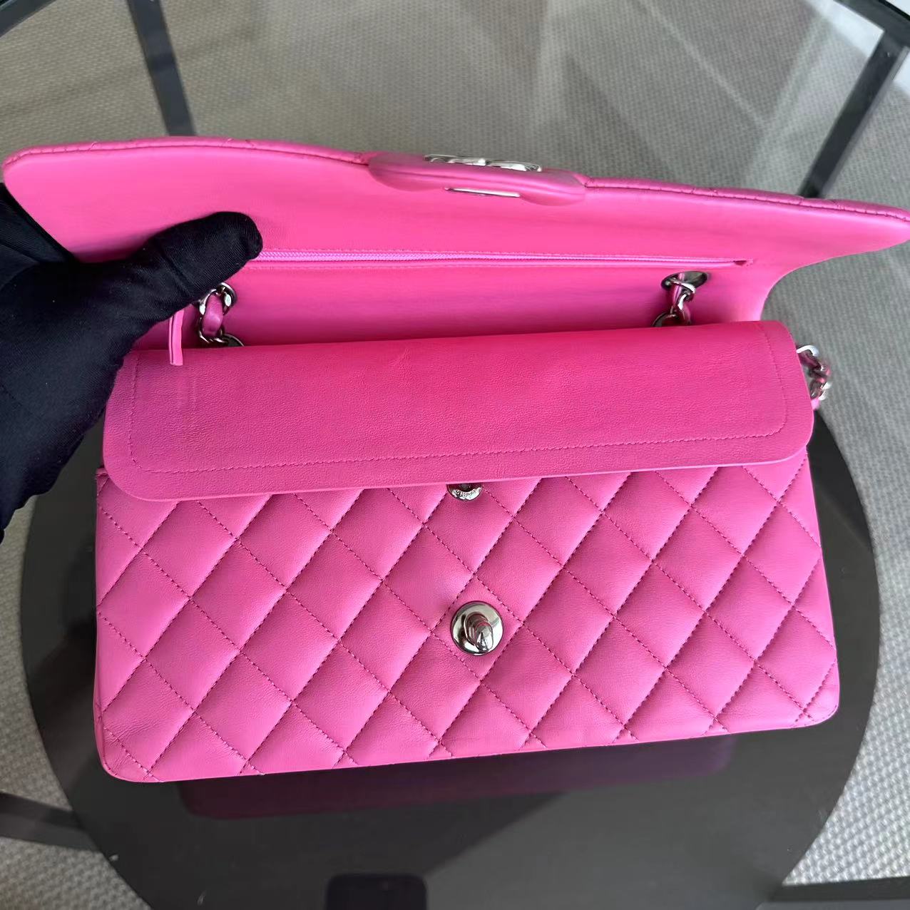 Double Flap 25CM Quilted Lambskin Pink SHW No 27