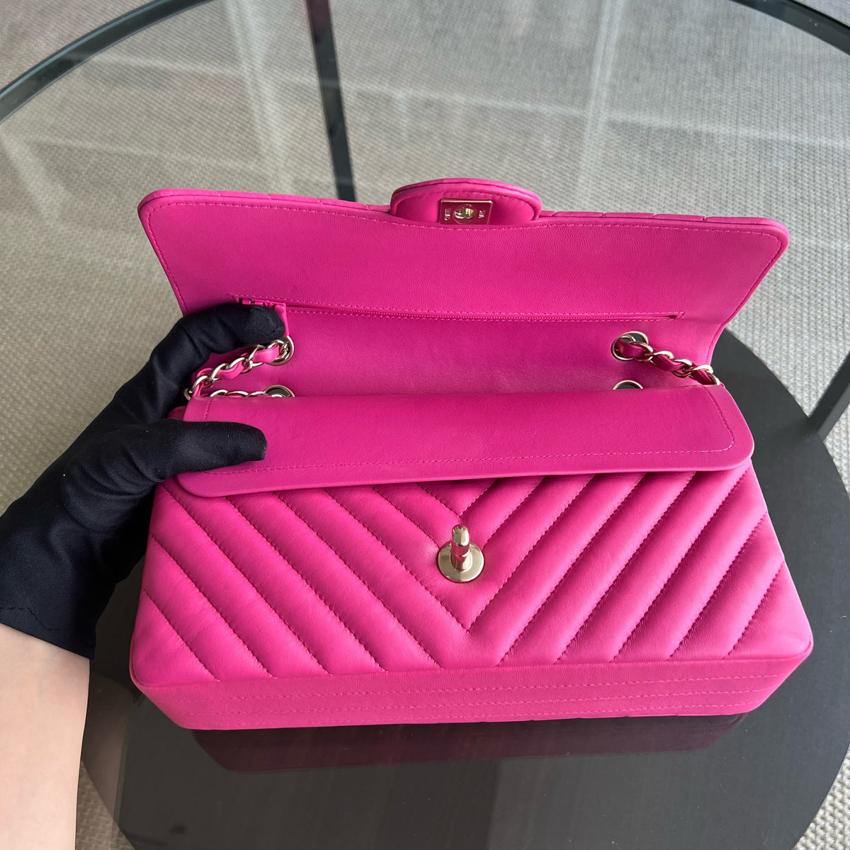 Double Flap Chevron Lambskin Hot Pink Light Golden Hardware Series 24