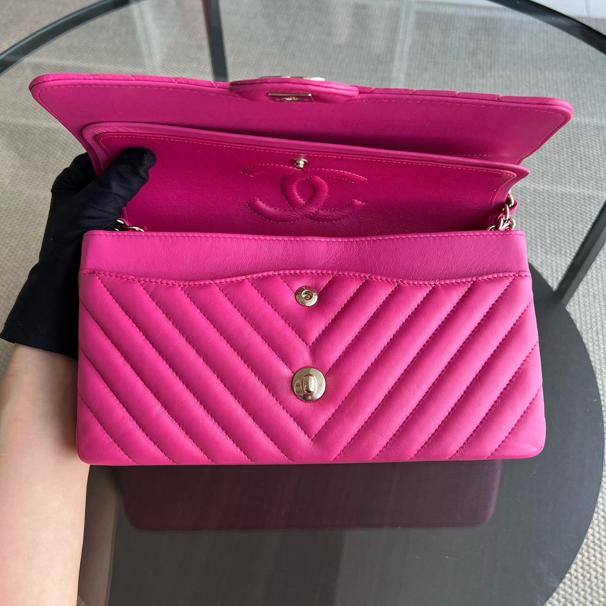 Double Flap Chevron Lambskin Hot Pink Light Golden Hardware Series 24