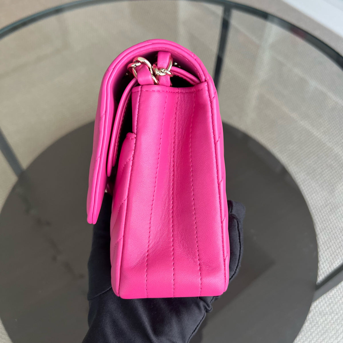 Double Flap Chevron Lambskin Hot Pink Light Golden Hardware Series 24
