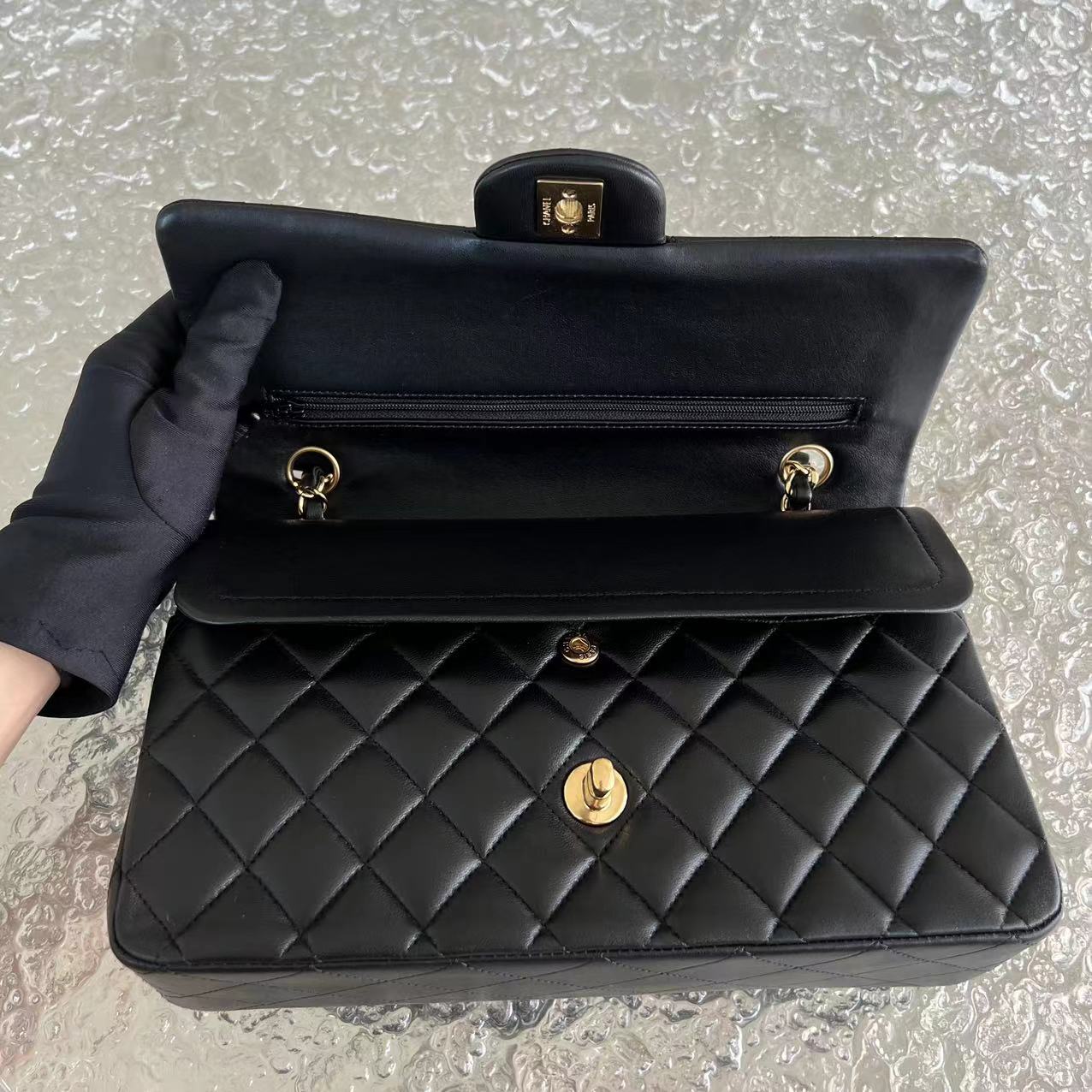 Double Flap Quilted Lambskin Black Golden Hardware Series 19