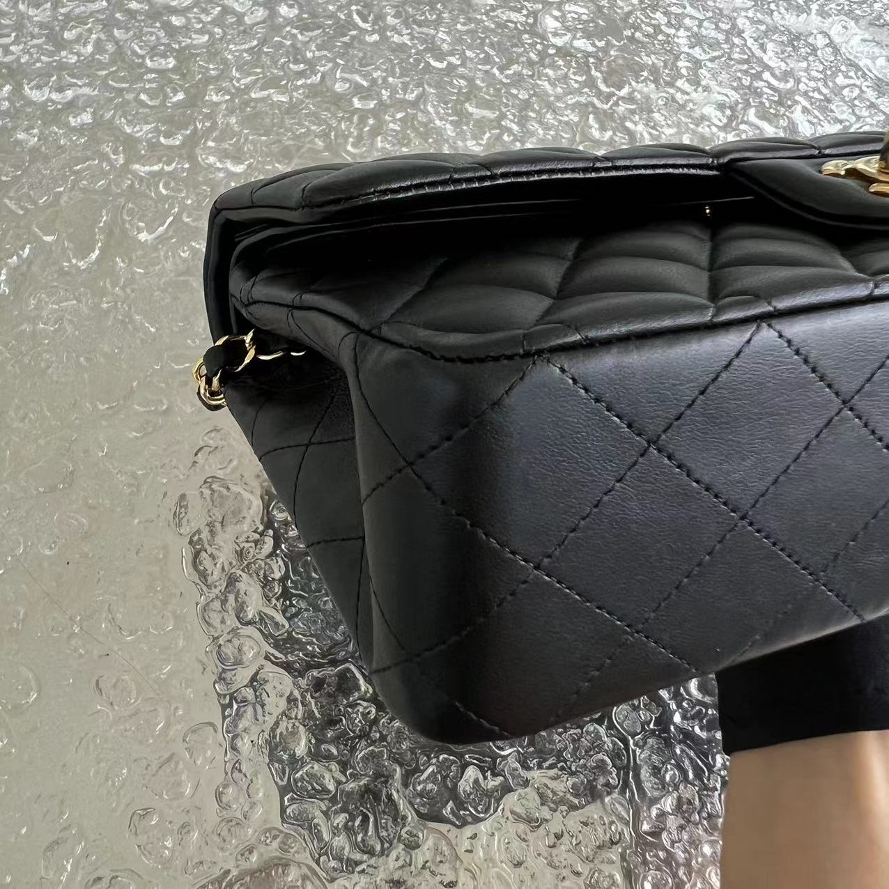 Double Flap Quilted Lambskin Black Golden Hardware Series 19