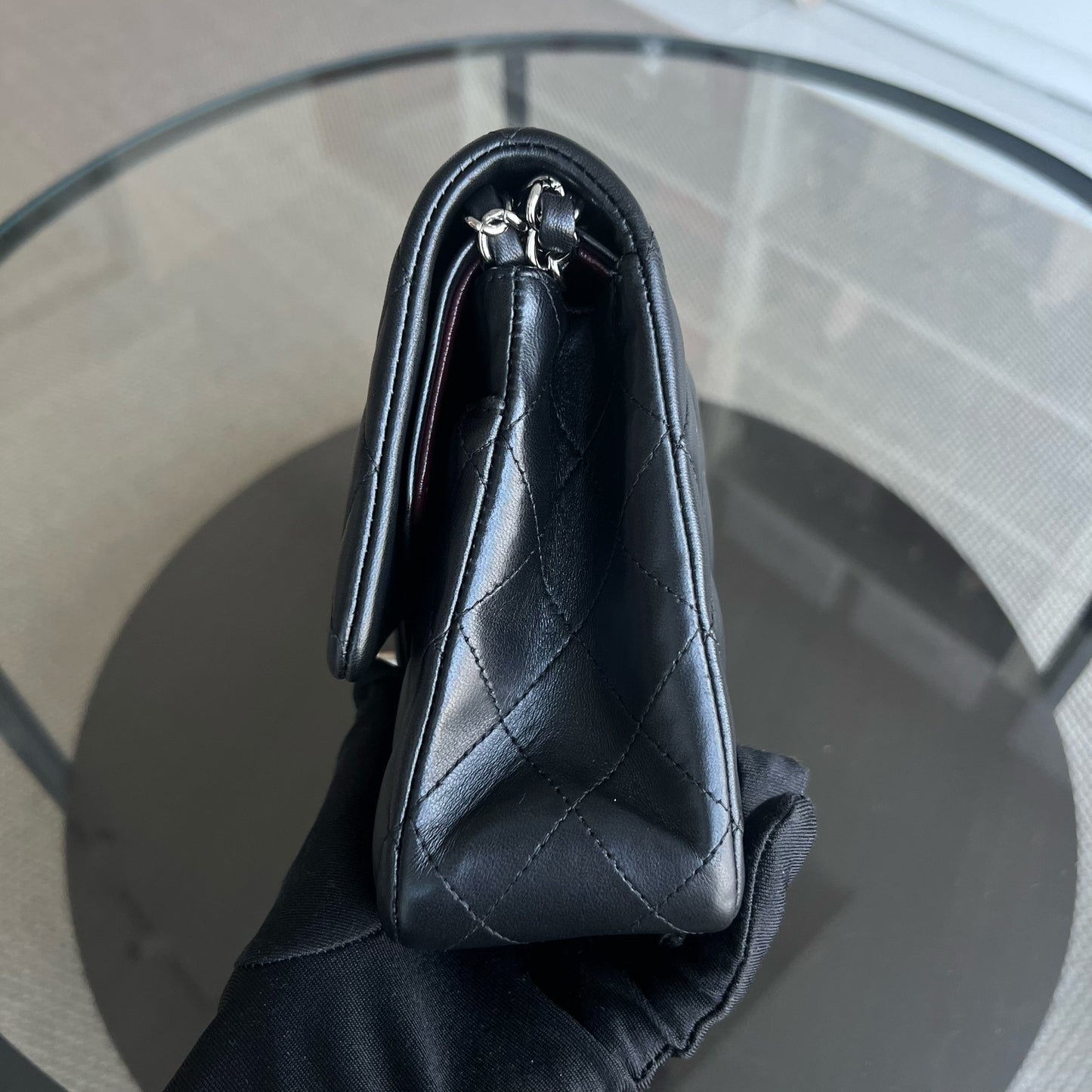 Double Flap Quilted Lambskin Black Silver Hardware Series 19