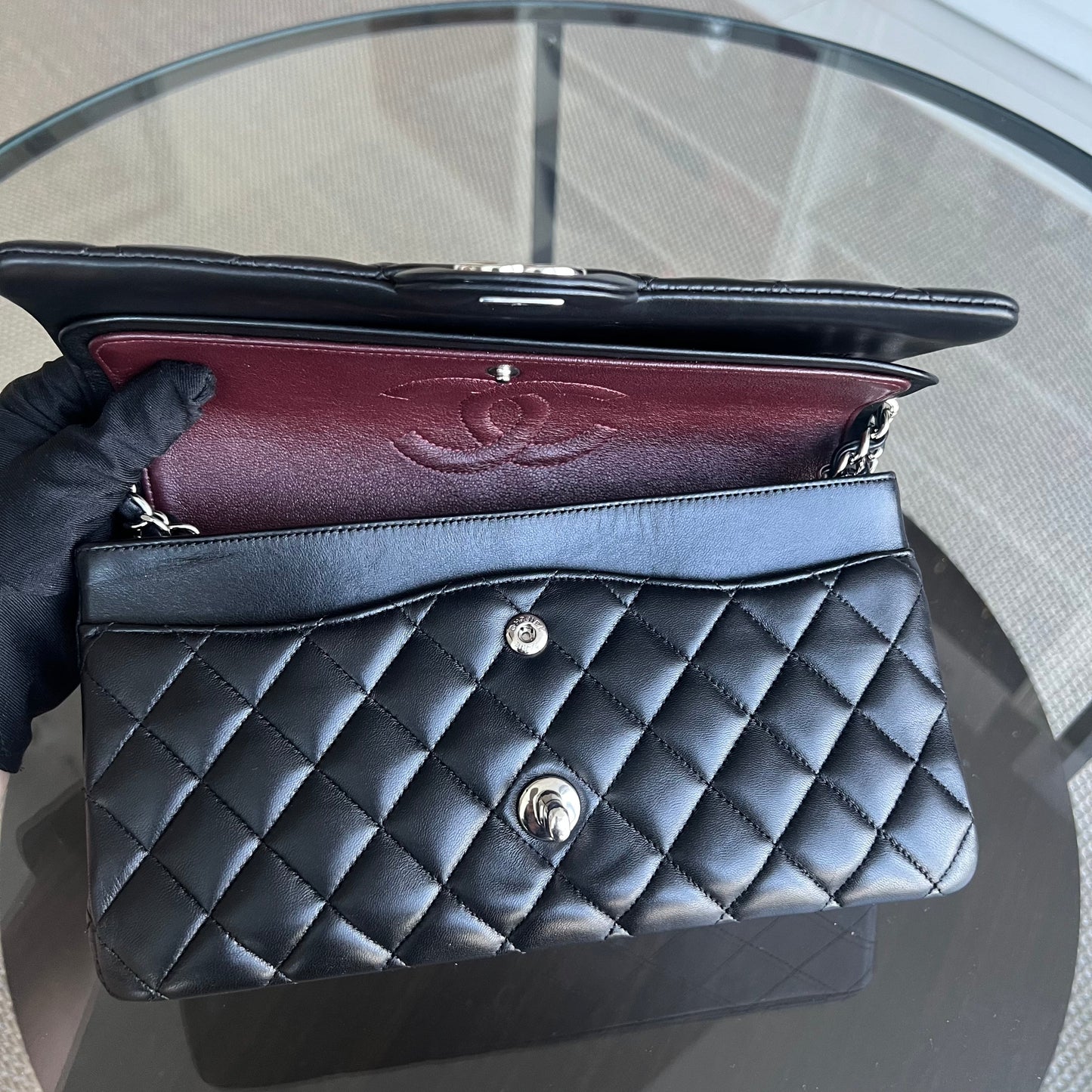 Double Flap Quilted Lambskin Black Silver Hardware Series 19