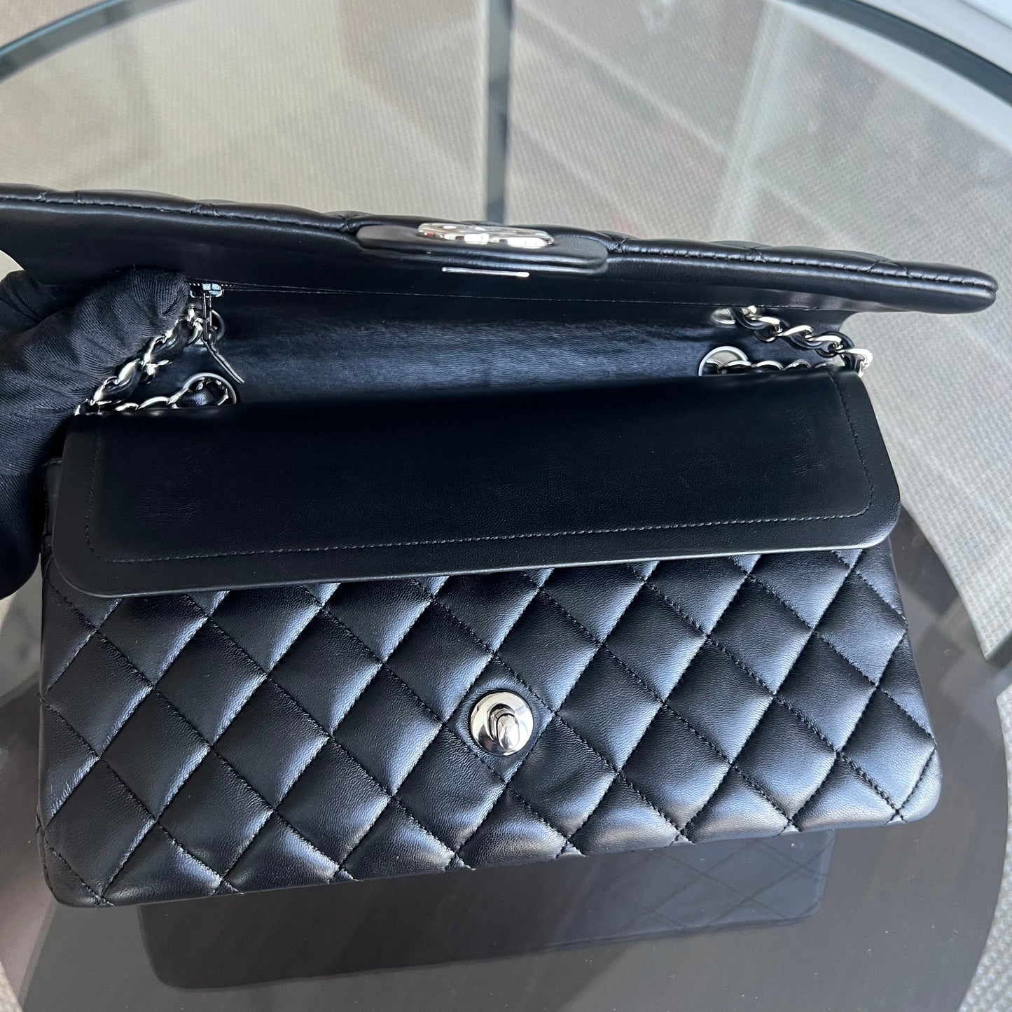 Double Flap Quilted Lambskin Black Silver Hardware Series 19