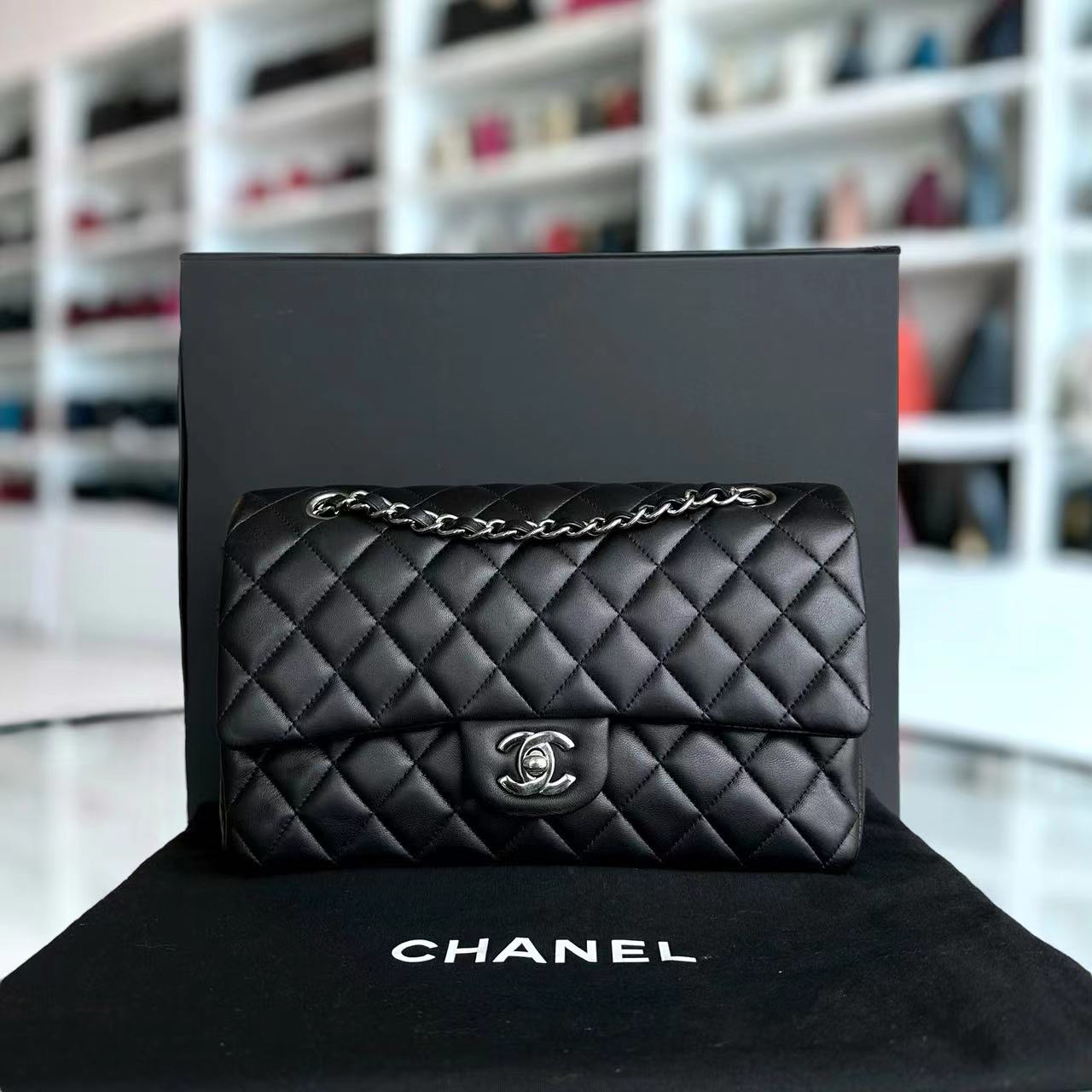 Double Flap Quilted Lambskin Black Silver Hardware Series 20