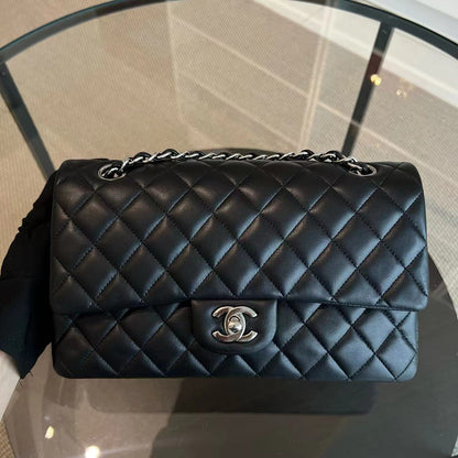 Double Flap Quilted Lambskin Black Silver Hardware Series 20