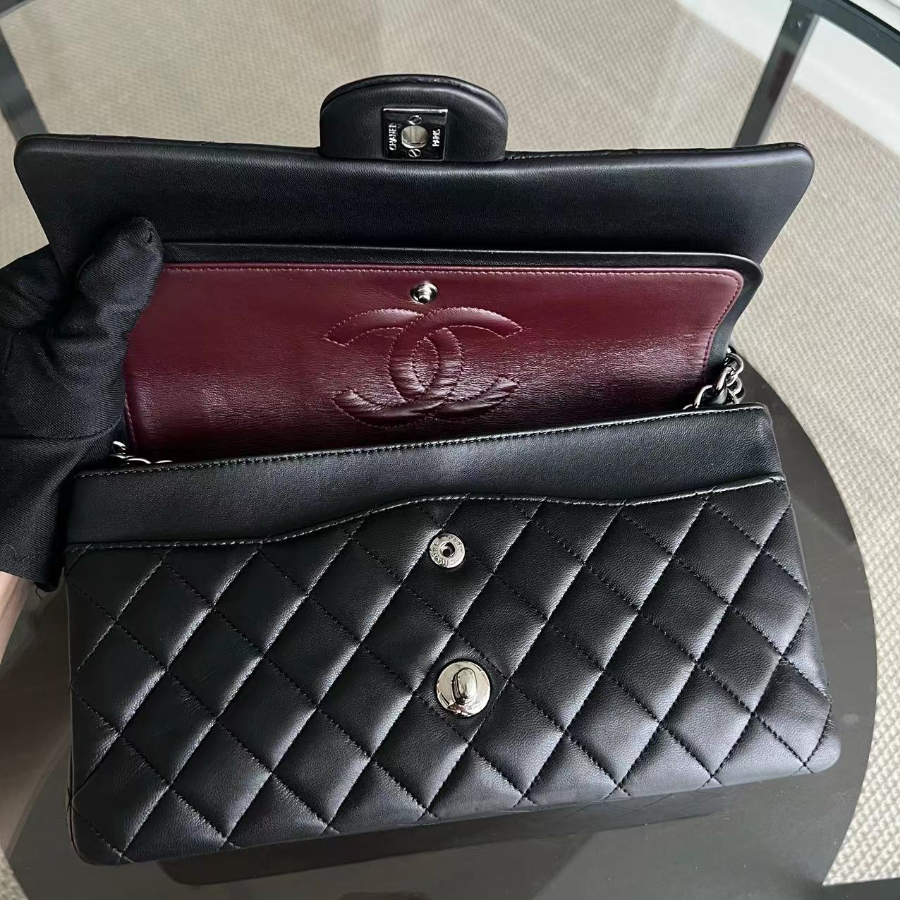 Double Flap Quilted Lambskin Black Silver Hardware Series 20