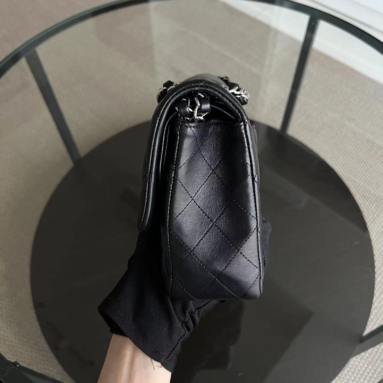 Double Flap Quilted Lambskin Black Silver Hardware Series 20