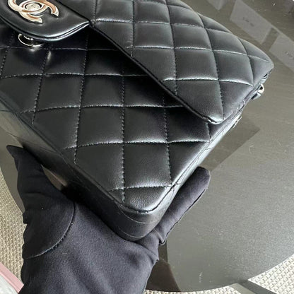 Double Flap Quilted Lambskin Black Silver Hardware Series 23