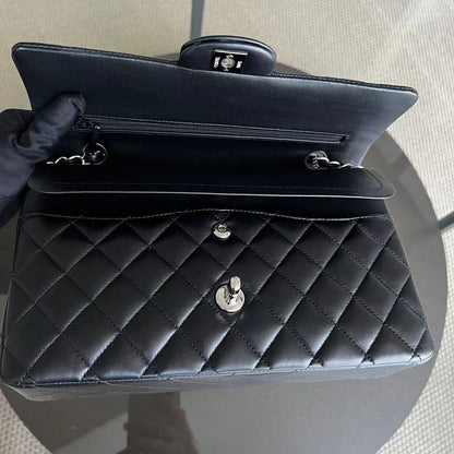 Double Flap Quilted Lambskin Black Silver Hardware Series 23