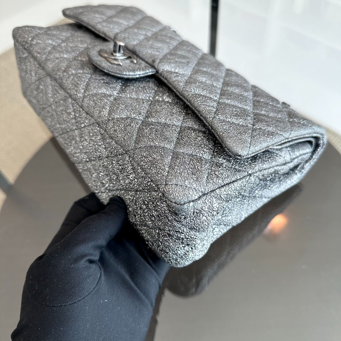 Metallic Crackled Calfskin Quilted Gray SHW No 11