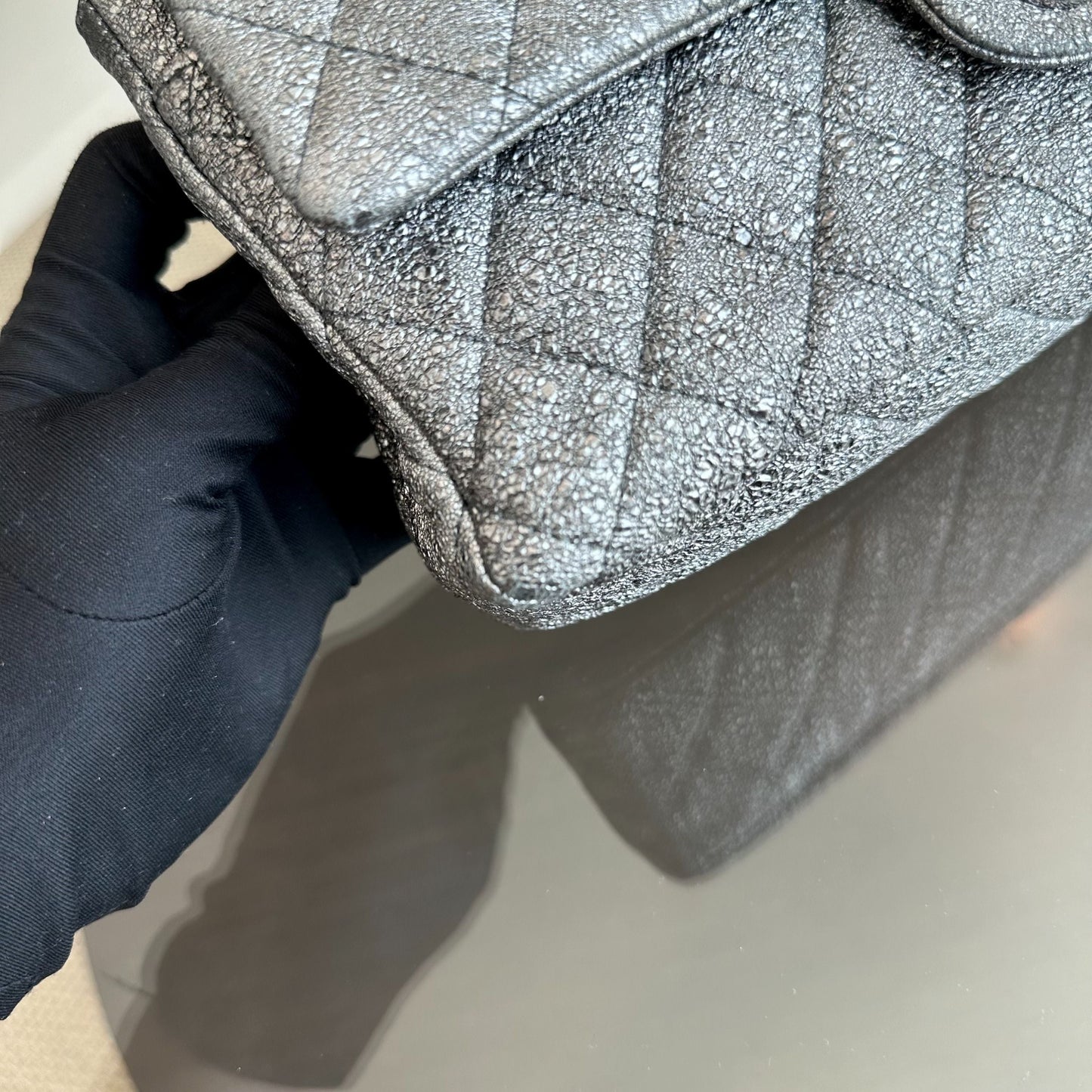 Metallic Crackled Calfskin Quilted Gray SHW No 11
