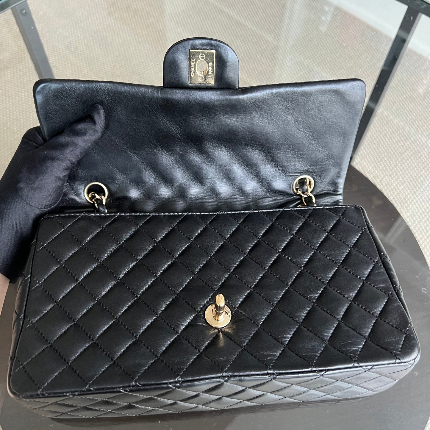 Valentine Seasonal Flap Quilted Lambskin Black Golden Hardware Series 13