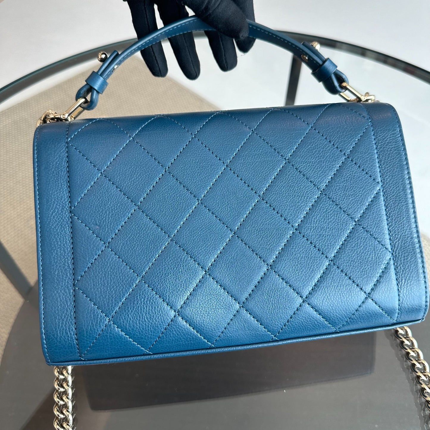 Medium Label Click Flap Quilted Grained Calfskin Dark Blue GHW No 23