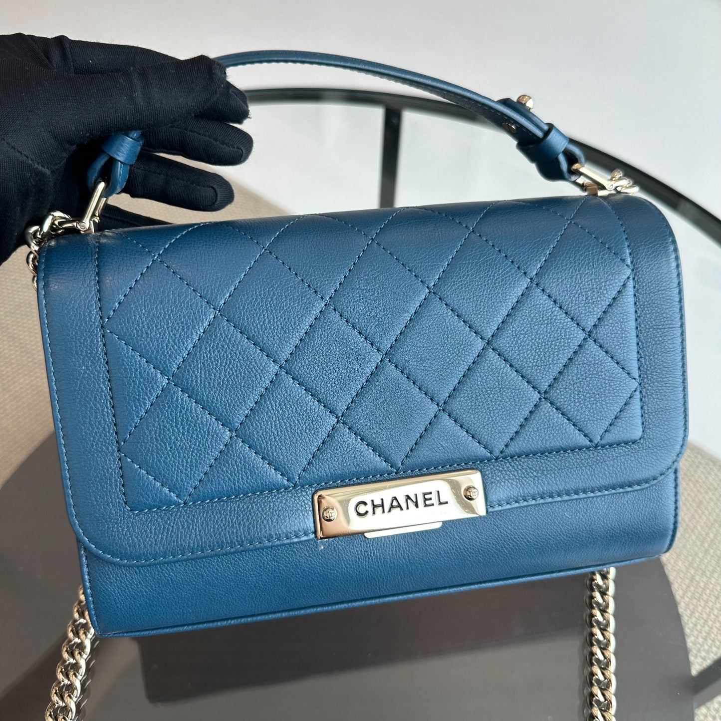 Medium Label Click Flap Quilted Grained Calfskin Dark Blue GHW No 23