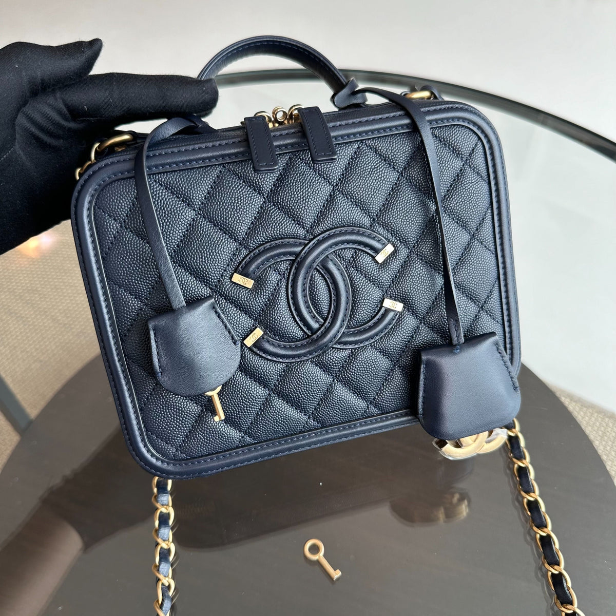 Medium Vanity Case Caviar Dark Blue GHW No 26