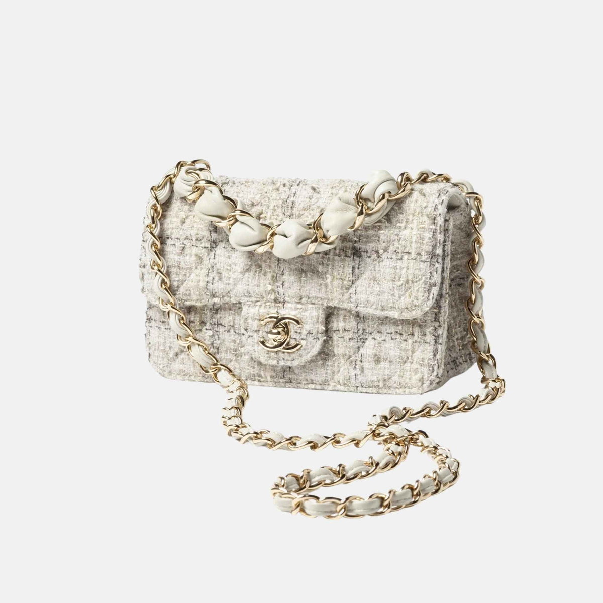 Mini Flap Bag in Wool Tweed and Gold Metal
