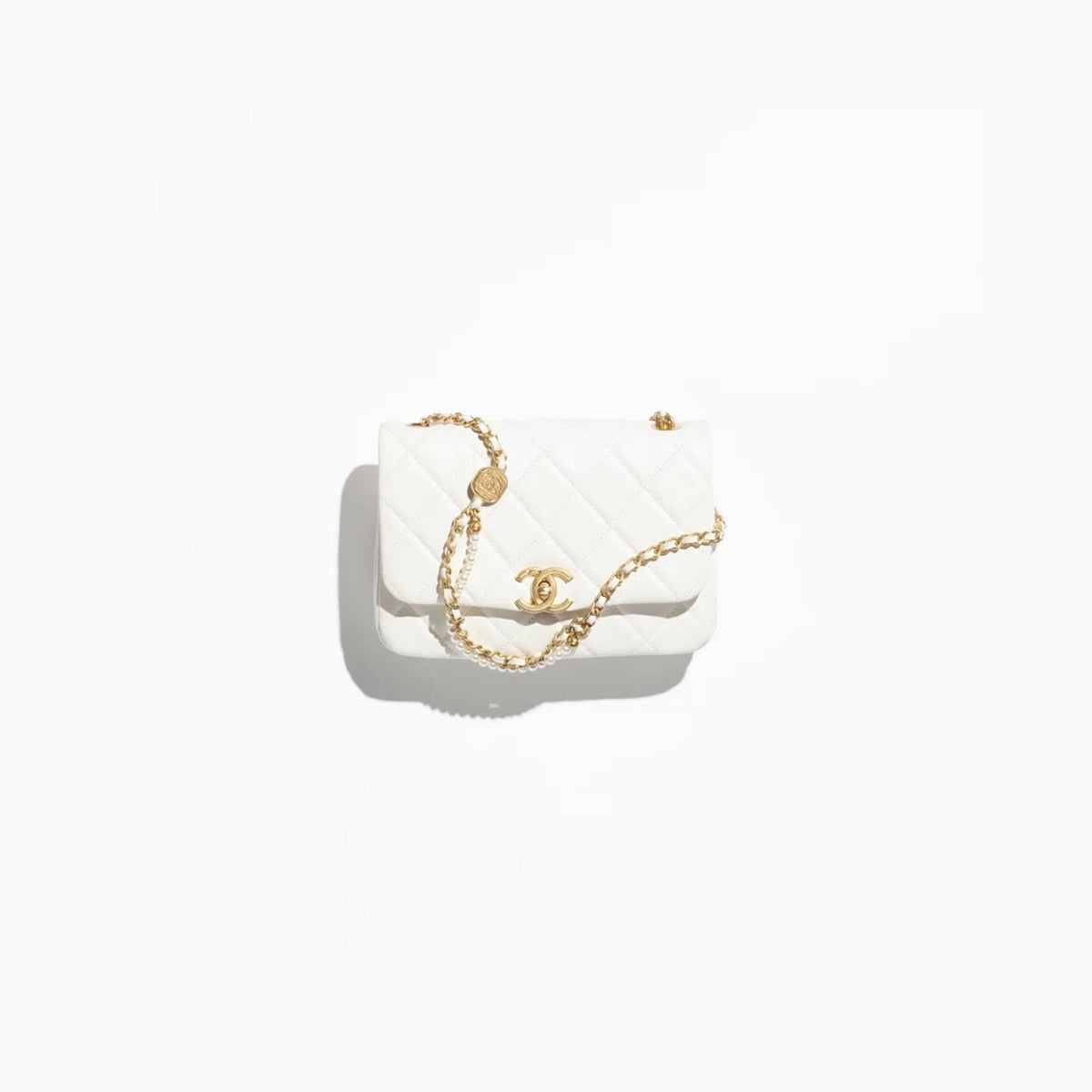 Mini Flap Bag Shiny Lambskin Pearls Gold-Tone Metal White