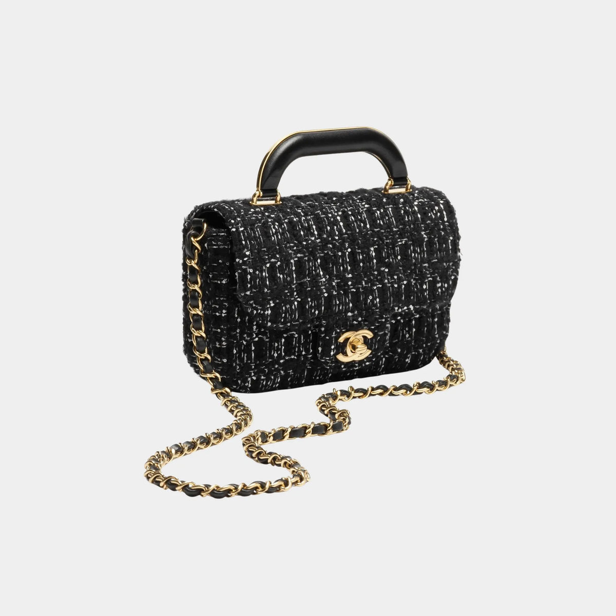 Mini flap Bag With Handle Cashmere Tweed & Gold Metal Black & White