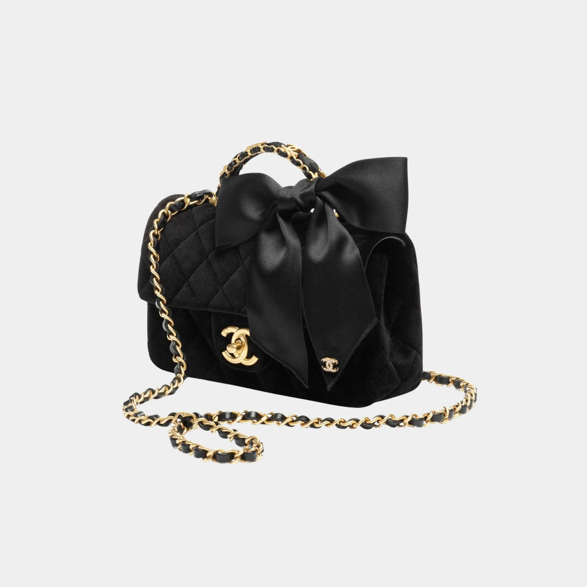 Chanel Mini flap bag With Handle Velvet Silk & Gold Metal Black, front