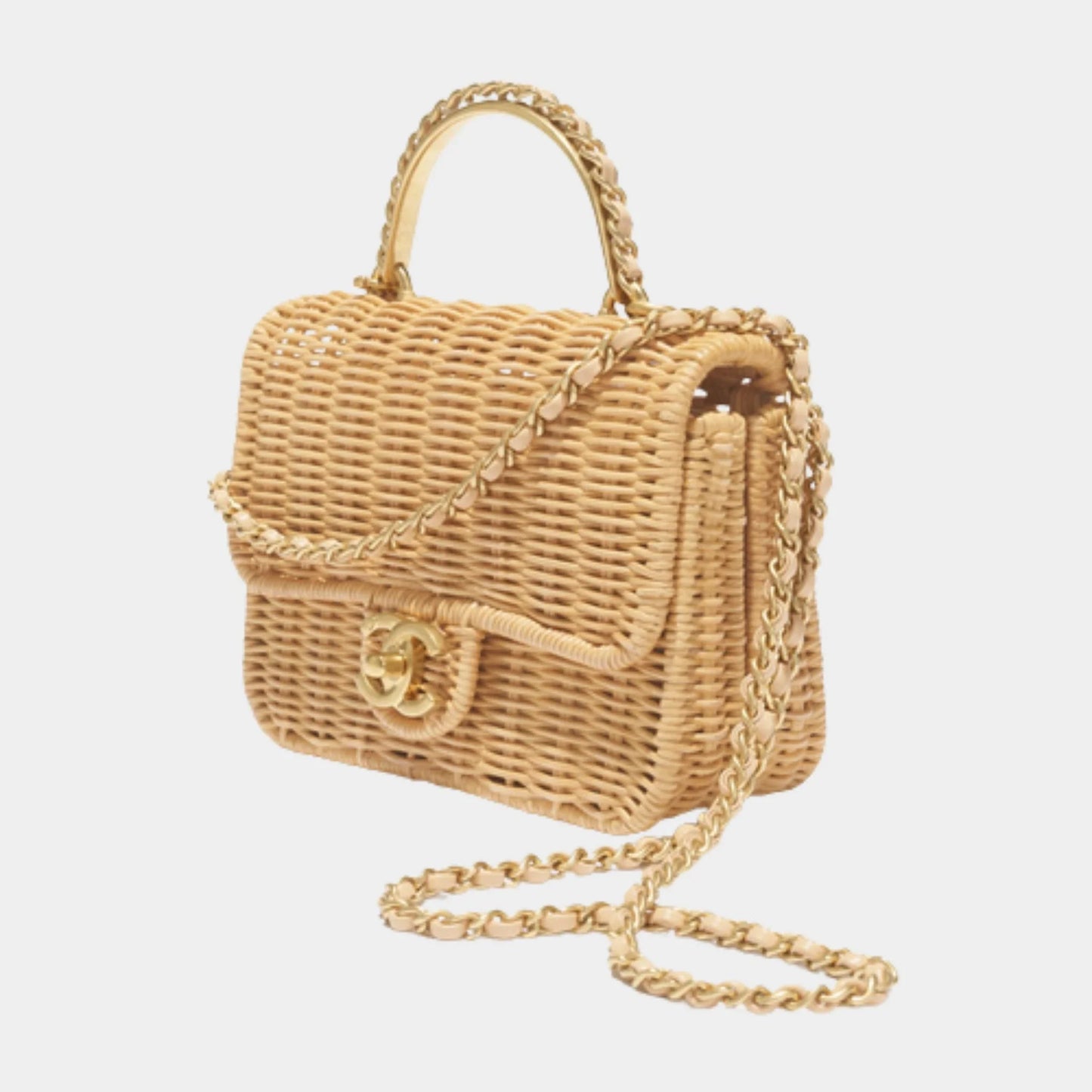 Mini Flap Bag with Top handle Braided Raffia & Gold-Tone Metal