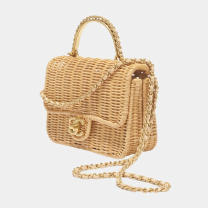 Mini Flap Bag with Top handle Braided Raffia & Gold-Tone Metal