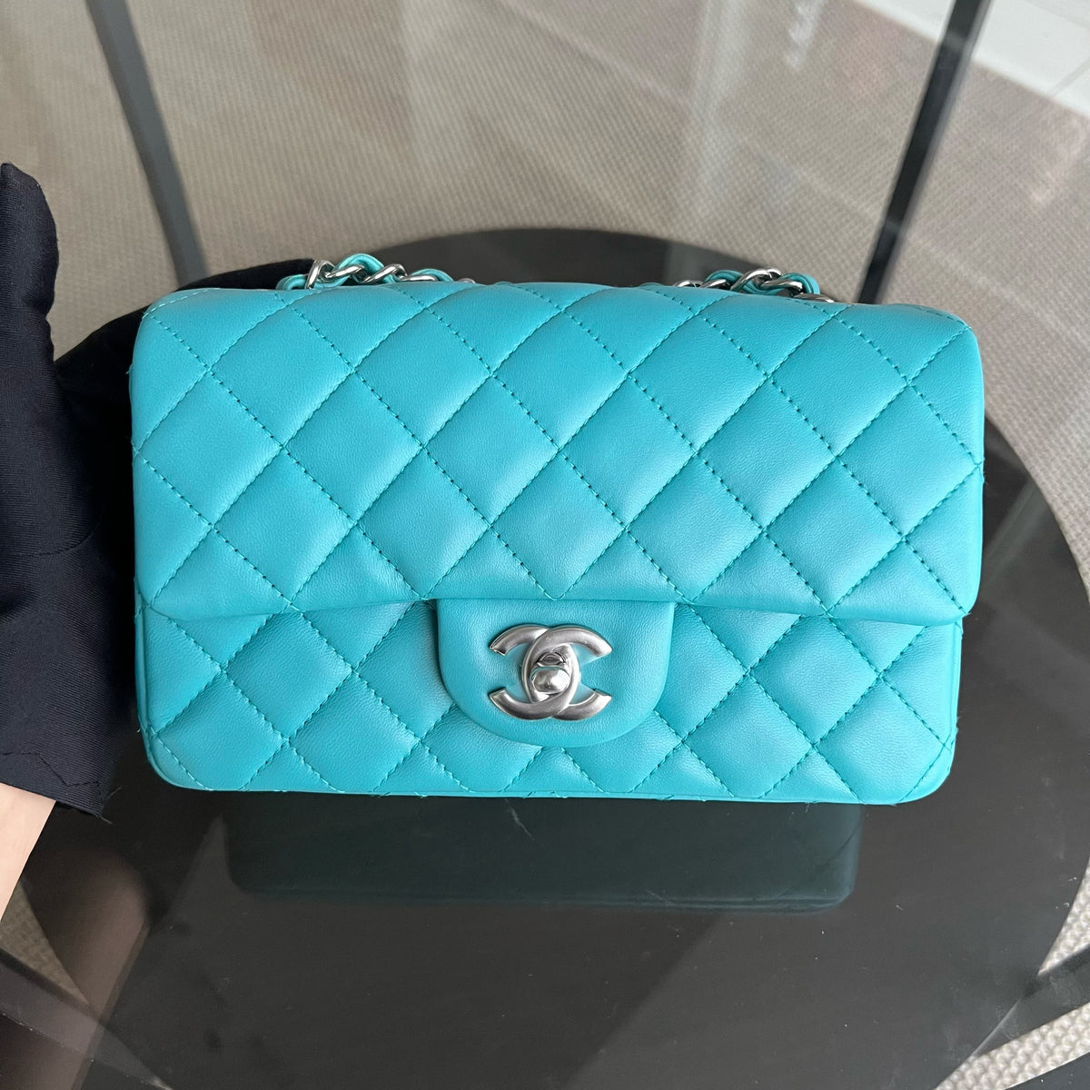Mini Rectangular Classic Flap 20CM Quilted Lambskin Green Silver Hardware Series 19