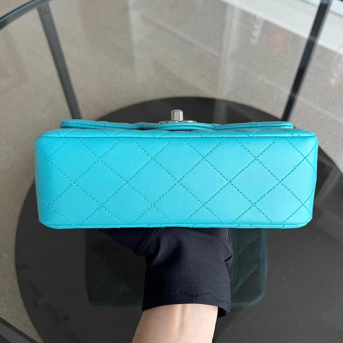 Mini Rectangular Classic Flap 20CM Quilted Lambskin Green Silver Hardware Series 19